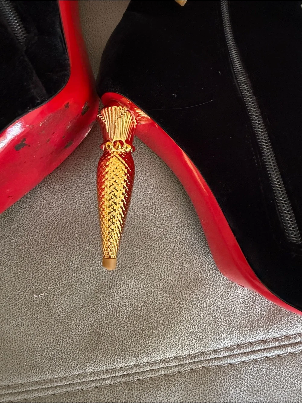Christian Louboutin Black Velvet Ankle Boots with Gold Sculptural Heel